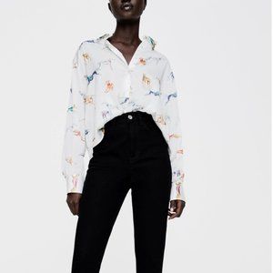 Satin Dog Printed Cropped Blouse